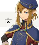  1boy alternate_costume bangs blonde_hair blue_eyes blue_headwear closed_mouth commentary_request earrings frown grey_background hat jewelry leopardtiger link long_sleeves looking_at_viewer male_focus pointy_ears sidelocks solo tabard the_legend_of_zelda the_legend_of_zelda:_breath_of_the_wild triforce two-tone_background upper_body v-shaped_eyebrows white_background 
