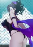  1girl arm_strap ashino_moto ass bangs bare_shoulders black_swimsuit blush breasts fate/grand_order fate_(series) flower flying_sweatdrops hair_flower hair_ornament hair_up highleg highleg_swimsuit highres large_breasts long_hair looking_at_viewer murasaki_shikibu_(fate) murasaki_shikibu_(swimsuit_rider)_(fate) one-piece_swimsuit purple_eyes swimsuit thighs tied_hair 
