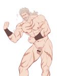  1boy abs absurdres bar_censor bara beard censored chest collarbone facial_hair feet_out_of_frame flaccid flexing granblue_fantasy highres k_sen212 long_hair male_focus manly muscle mustache navel nipples nude pectorals penis pose scar solo soriz sparkle thick_thighs thighs underwear underwear_only 