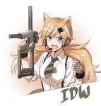  1girl animal_ears blonde_hair blue_eyes character_name clenched_hand fingerless_gloves girls_frontline gloves green_gloves green_neckwear gun holding holding_gun holding_weapon idw_(girls_frontline) korean_commentary long_hair looking_at_viewer necktie parker-hale_idw shino_(r_shughart) solo upper_body weapon 