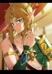  1boy bangs blonde_hair blue_eyes blurry blurry_background blush closed_mouth collarbone commentary_request earrings hair_ornament hand_up jewelry leopardtiger letterboxed link looking_at_viewer male_focus pointy_ears single_bare_shoulder solo sparkle the_legend_of_zelda the_legend_of_zelda:_breath_of_the_wild upper_body 