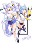  2girls absurdres animal_ears armpits asymmetrical_legwear azur_lane bangs bell black_gloves blue_hair blue_skirt boots breasts bright_pupils commentary_request cosplay costume_switch crop_top detached_sleeves fubuki_(azur_lane) full_body gloves hair_bell hair_ornament half_gloves highres holding_hands interlocked_fingers kandori long_hair long_ponytail looking_at_viewer manjuu_(azur_lane) medium_breasts micro_shorts miniskirt multiple_girls navel neck_ribbon open_mouth pleated_skirt ponytail ribbon sailor_collar short_hair short_sleeves shorts sideboob sidelocks silver_hair single_thighhigh siren_purifier_(azur_lane) skirt smile standing stomach thigh_boots thighhighs very_long_hair white_legwear white_pupils yellow_eyes yellow_neckwear 