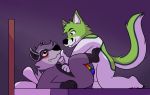  anthro balls bed bedroom black_body black_claws black_fur black_nose blush canid canine claws dark_gray_fur dark_green_fur destona duo ears_back ears_up erection eye_contact fidget_the_fox fox fur furniture genitals green_body green_eyes green_fur grey_body grey_fur hair hand_on_cheek hand_on_chest hand_on_chin hand_on_face happy happy_sex inner_ear_fluff looking_at_another male male/male mammal multicolored_penis nude penis pillow pivoted_ears procyonid purple_eye_lids purple_sheets raccoon rainbow_penis rodney_the_raccoon sex simple_background smile tuft white_body white_fur 
