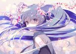  1girl aqua_eyes aqua_hair aqua_neckwear arm_tattoo bangs bare_shoulders blurry bokeh breasts character_name collared_shirt covered_mouth depth_of_field detached_sleeves floating_hair flower from_side gin_(oyoyo) grey_eyes grey_hair grey_shirt hair_flower hair_ornament hatsune_miku highres long_hair looking_at_viewer looking_back medium_breasts necktie number petals purple_hair shirt solo tattoo twintails very_long_hair vocaloid 