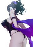  1girl arm_strap ashino_moto ass bangs bare_shoulders black_swimsuit blush breasts fate/grand_order fate_(series) flower flying_sweatdrops hair_flower hair_ornament hair_up highleg highleg_swimsuit highres large_breasts long_hair looking_at_viewer murasaki_shikibu_(fate) murasaki_shikibu_(swimsuit_rider)_(fate) one-piece_swimsuit purple_eyes simple_background swimsuit thighs tied_hair white_background 