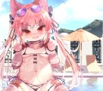  absurd_res anthro areola areola_slip bikini blush breasts clothed clothing domestic_cat eyewear eyewear_on_head felid feline felis female gloves handwear hi_res kemono mammal micro_bikini poolside ro small_breasts solo sunglasses sunglasses_on_head swimwear young 