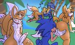  5:3 all_fours anthro backpack balls blue_eyes butt canid canine clothing eulipotyphlan fox genitals gloves handwear hedgehog hi_res male male/male mammal miles_prower oral sonic_the_hedgehog sonic_the_hedgehog_(series) taillove_(artist) 
