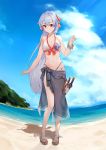  1girl absurdres beach bikini blue_sky blush bow bracelet cloud commentary_request day fate/grand_order fate_(series) grey_sarong hair_bow highres jewelry katana long_hair looking_at_viewer midriff mitsudomoe_(shape) navel ocean orange_eyes outdoors red_bow sandals sarong silver_hair sky smile solo swimsuit sword tomoe_(symbol) tomoe_gozen_(fate/grand_order) vegetablenabe very_long_hair weapon white_bikini 
