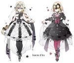  2girls bangs bare_shoulders black_bow black_dress black_footwear black_legwear black_ribbon blonde_hair blue_eyes bow braid breasts center_frills character_name closed_mouth commentary_request cross dress fate/grand_order fate_(series) frills full_body headpiece jeanne_d&#039;arc_(alter)_(fate) jeanne_d&#039;arc_(fate) jeanne_d&#039;arc_(fate)_(all) leopardtiger long_braid long_hair long_sleeves looking_at_viewer medium_breasts multiple_girls pantyhose pink_legwear ribbon see-through simple_background single_braid sleeveless sleeveless_dress smile standing veil white_background white_dress white_footwear yellow_eyes 
