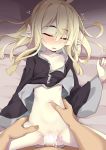  1boy 1girl airi_(ogami_kazuki) blonde_hair blush bottomless censored closed_eyes commentary_request cum cum_in_pussy hair_down hetero highres lying missionary navel ogami_kazuki on_back on_bed open_mouth original pointy_ears pussy sex sleep_molestation sleeping solo_focus thigh_grab torso_grab vaginal 