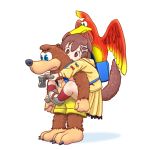  1:1 2020 accessory animal_humanoid anthro avian banjo-kazooie banjo_(banjo-kazooie) beak bird blue_eyes bottomwear breegull brown_body brown_fur brown_hair canid canid_humanoid canine canine_humanoid canis carrying clothing controller dog_humanoid feathers female fur game_controller green_eyes group hair hair_accessory hairclip hi_res holding_controller holding_object hololive humanoid kazooie korone_inugami male mammal mammal_humanoid n64_controller nintendo nintendo_64 nintendo_controller piggyback plantigrade raised_tail rareware signature simple_background udo ursid video_games white_background wings youtuber 