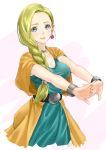 1girl bianca_(dq5) blonde_hair blush bracelet braid breasts cape cleavage crimson_(cxrss377) dragon_quest dragon_quest_v dress earrings green_dress grey_eyes hair_over_shoulder highres jewelry large_breasts long_hair simple_background single_braid smile solo stretch 