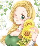  1girl bianca_(dq5) blonde_hair blush bracelet braid breasts cape choker cleavage commentary_request dragon_quest dragon_quest_v earrings floral_background flower hair_over_shoulder jewelry large_breasts long_hair neneco_dqx one_eye_closed single_braid smile solo sunflower twitter_username 