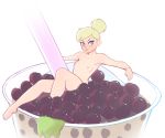  1girl absurdres barefoot blonde_hair blue_eyes blush breasts bubble_tea cup disposable_cup dress dress_removed drink drinking_straw fairy_wings food frown fruit green_dress hair_bun highres nipples nose_blush nude peter_pan_(disney) pointy_ears pudgeruffian short_hair simple_background small_breasts solo sweat tapioca tinker_bell_(disney) white_background wings 