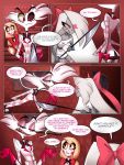  3:4 4_arms angel_dust charlie_(vivzmind) comic demon detailed_background dialogue english_text female group hazbin_hotel hi_res humanoid inside madelezabeth male melee_weapon multi_arm multi_limb polearm profanity spear text vaggie_(vivzmind) weapon 