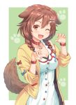  :3 :d animal_ears bangs blue_bow blush bone_hair_ornament bow bracelet braid breasts brown_eyes brown_hair buttons cartoon_bone choker claw_pose cleavage collar collarbone cowboy_shot dog_collar dog_ears dog_girl dog_tail dress fangs fingernails fingers green_background hair_between_eyes hair_ornament hairclip haniwa_(leaf_garden) highres hololive inugami_korone jacket jewelry long_hair low_twin_braids low_twintails nail_polish off-shoulder_jacket open_mouth paw_background red_bow red_choker red_collar short_dress smile tail twin_braids twintails virtual_youtuber white_dress wristband yellow_jacket yellow_nails 