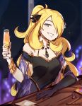  1girl alcohol black_dress black_nails blonde_hair breasts champagne cleavage cynthia_(pokemon) dress drink english_commentary graysheartart green_eyes holding holding_drink long_hair looking_at_viewer medium_breasts pokemon pokemon_(game) pokemon_dppt pov_dating smile solo tied_hair very_long_hair 