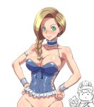  1girl bare_shoulders bianca_(dq5) blonde_hair blood blush borongo bracelet braid breasts commentary_request dragon_quest dragon_quest_v earrings green_eyes hair_over_shoulder hands_on_hips hero_(dq5) huracan jewelry large_breasts lingerie long_hair nosebleed out-of-frame_censoring simple_background single_braid smile solo_focus underwear white_background 