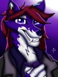  3:4 anthro apheront canid canine canis clothing ear_piercing fur hair looking_at_viewer male mammal necktie piercing purple_body purple_eyes purple_fur red_hair simple_background smile smiling_at_viewer solo suit whitefur wolf 