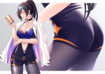  1girl ass back-seamed_legwear bikini bikini_under_clothes black_choker black_hair black_legwear blue_bikini blush breasts can choker cleavage clothes_writing collarbone earrings eyewear_on_head gradient gradient_background grey_background heart high_ponytail holding holding_can idolmaster idolmaster_shiny_colors jacket jacket_on_shoulders jewelry large_breasts long_hair long_sleeves multiple_views navel open_clothes open_jacket pantyhose parted_lips race_queen seamed_legwear shirase_sakuya smile soda_can sogdin swimsuit very_long_hair white_jacket yellow_eyes 