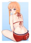  1girl absurdres ahoge bangs bikini bikini_shorts blonde_hair blunt_bangs border from_behind highres long_hair looking_at_viewer looking_back open_mouth outside_border persona persona_5 purple_eyes red_bikini red_ribbon red_shorts renefu ribbon sakura_futaba short_shorts shorts sitting solo straight_hair sweatdrop swimsuit very_long_hair white_border 