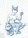  anthro ball breasts cervid clothed clothing female fluffy fluffy_tail fur hair hi_res mammal muscular muscular_anthro muscular_female nipples partially_clothed saruuk simple_background sketch solo 