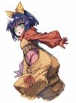  1girl ass blue_hair blush bodysuit bow eiko_carol final_fantasy final_fantasy_ix from_behind from_side gloves highres himegi_you horns long_sleeves looking_back multiple_girls open_mouth petite pink_bodysuit short_hair single_horn solo yellow_bow yellow_overalls 