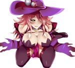  1girl absurdres bare_shoulders black_legwear black_sclera blazblue blush breasts cleavage detached_sleeves from_above full_body hair_over_one_eye hat highres konoe_a_mercury large_breasts long_hair looking_at_viewer nightmare-doom pink_hair seductive_smile shiny shiny_skin sitting smile solo thighhighs wariza witch witch_hat yellow_eyes 