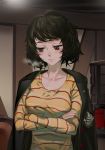  1girl bangs black_hair black_jacket blush borrowed_garments brown_eyes closed_mouth collarbone crossed_arms indoors jacket jacket_on_shoulders kawakami_sadayo long_sleeves persona persona_5 shirt short_hair solo striped striped_shirt swept_bangs upper_body vanink yellow_shirt 