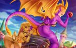  16:10 activision anthro bianca_(spyro) big_butt bikini breasts butt butt_grab clothing crossgender dragon duo female female/female genitals hand_on_butt hi_res looking_at_viewer looking_back micro_bikini pussy sling_bikini spread_butt spreading spyro spyro_the_dragon swimwear themaestronoob video_games widescreen 