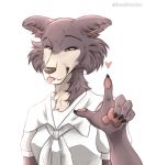  &lt;3 5_fingers anthro beastars canid canine canis claws clothed clothing eyes_closed female fingers fur hi_res juno_(beastars) mammal multicolored_body multicolored_fur signature simple_background smile snout solo tongue tongue_out two_tone_body two_tone_fur warmpawsart wolf 