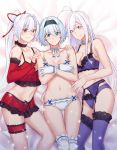  3girls 86_-eightysix- antenna_hair arm_around_waist ass_visible_through_thighs bare_shoulders bed_sheet black_choker black_hairband blue_eyes blue_hair bra breasts choker cleavage collar collarbone crossed_arms crossover detached_sleeves eyebrows_visible_through_hair fate/grand_order fate_(series) feet_out_of_frame frilled_gloves frills from_above garter_belt garter_straps girl_sandwich gloves hair_ribbon hairband hands_on_another&#039;s_shoulders high_ponytail long_hair long_sleeves lying medium_breasts multiple_girls navel neck_ribbon on_back panties purple_bra purple_eyes purple_legwear purple_panties red_bra red_eyes red_panties red_ribbon ribbon ryuuou_no_oshigoto! sandwiched saruno_(eyesonly712) short_hair silver_hair small_breasts sora_ginko sparkle stomach take_your_pick thigh_strap thighhighs tomoe_gozen_(fate/grand_order) underwear underwear_only very_long_hair vladilena_millize white_bra white_gloves white_legwear white_panties white_ribbon 