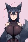  1girl animal_ear_fluff animal_ears bangs bare_shoulders black_hair blue_eyes borrowed_character breast_squeeze breasts commentary covered_collarbone ear_piercing english_commentary fox_ears fox_girl hair_between_eyes hair_ornament hairclip half-closed_eyes kiri_(sub-res) large_breasts long_hair looking_at_viewer original piercing pink_background simple_background smile solo turtleneck twrlare upper_body 