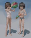  2girls :o absurdres ball beachball bikini blue_swimsuit blush brown_eyes brown_hair fang highres medium_hair multiple_girls navel one-piece_swimsuit open_mouth original parted_lips polka_dot ribs shion_(mirudakemann) simple_background swimsuit water_gun watermelon_beachball white_swimsuit 