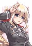  1girl :p bangs black_shirt blonde_hair blue_eyes closed_mouth commentary_request double-breasted dress_shirt emblem eyebrows_visible_through_hair grey_jacket hair_intakes hair_ribbon highres ilfriede_von_feulner insignia jacket kuroi_mimei long_hair looking_at_viewer military military_uniform muvluv muvluv_alternative necktie ponytail red_ribbon ribbon salute shirt smile solo tongue tongue_out two-finger_salute uniform upper_body white_neckwear wing_collar 