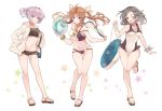  3girls bag ball bare_legs barefoot beachball bikini black_hair blue_eyes blush breasts brown_hair closed_mouth collarbone full_body green_scrunchie groin hair_between_eyes hair_ornament hair_ribbon holding holding_ball holding_beachball innertube jacket kagerou_(kantai_collection) kantai_collection kuroshio_(kantai_collection) long_hair long_sleeves multicolored multicolored_bikini multicolored_clothes multiple_girls navel one-piece_swimsuit one_eye_closed open_clothes open_jacket open_mouth pink_hair ponytail purple_eyes remodel_(kantai_collection) ribbon sandals scrunchie shakemi_(sake_mgmgmg) shiranui_(kantai_collection) short_hair shoulder_bag simple_background small_breasts smile star_(symbol) swimsuit toes twintails white_background white_jacket white_ribbon wrist_scrunchie yellow_eyes 