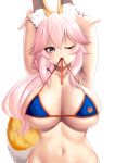  1girl absurdres animal_ear_fluff animal_ears armpits arms_behind_head arms_up bangs bare_shoulders bikini blue_bikini blush breasts cleavage closed_mouth collarbone covered_nipples fangs fate/grand_order fate_(series) fox_ears fox_girl fox_tail hair_between_eyes highres kashima_mashino large_breasts long_hair looking_at_viewer mouth_hold navel one_eye_closed pink_hair side_ponytail sidelocks simple_background smile swimsuit tail tamamo_(fate)_(all) tamamo_no_mae_(swimsuit_lancer)_(fate) wet white_background yellow_eyes 