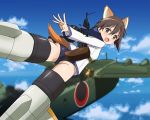  1girl aircraft airplane animal_ears ass blue_swimsuit blush breasts brown_eyes brown_hair dress eyebrows_visible_through_hair flying gun highres kaneko_(novram58) looking_back military military_uniform miyafuji_yoshika open_mouth raccoon_ears raccoon_tail rifle sailor_dress shiny shiny_clothes shiny_hair short_hair sky small_breasts solo strike_witches striker_unit swimsuit swimwear tail uniform weapon world_witches_series 