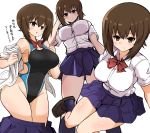  1girl absurdres alternate_costume black_swimsuit blue_skirt brown_eyes brown_hair competition_swimsuit cowboy_shot dress_shirt from_below girls_und_panzer highleg highleg_swimsuit highres kumo_(atm) multiple_views nishizumi_maho one-piece_swimsuit pleated_skirt red_neckwear school_uniform shirt short_hair simple_background sitting skirt solo standing swimsuit swimsuit_under_clothes undressing white_background white_shirt 