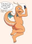  2020 alternate_version_at_source anthro anus backsack balls black_eyes blush dabelette dialogue dragonite english_text genitals hi_res holding_object holding_phone lying male nintendo nude on_side open_mouth orange_body phone pillow pok&eacute;mon pok&eacute;mon_(species) shy simple_background small_wings solo speech_bubble text twitter video_games white_background wings 