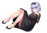  1girl bangs bare_legs black_dress black_footwear black_hairband blue_eyes blue_hair blush closed_mouth commentary_request dress eyebrows_visible_through_hair full_body hair_between_eyes hair_intakes hair_ornament hairband highres knees_up long_sleeves looking_at_viewer ributsu ryuuou_no_oshigoto! short_hair sitting smile snowflake_hair_ornament solo sora_ginko 