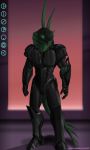  3:5 absurd_res anthro armor biomechanical bionicle boots clothing dizrahk dizrahk_(artist) footwear full-length_portrait gauntlets gloves green_body green_eyes green_skin handwear hi_res hood lego lizard long_tail male matoran metal portrait rahkshi reptile scalie solo spines suit synthetic text 