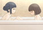  2girls bathing bathtub black_hair blush bob_cut brown_hair closed_eyes hair_bun implied_footjob komaniwa_pumpkin multiple_girls open_mouth original shared_bathing short_hair smile yuri 