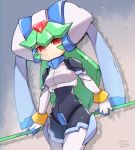  1girl android bodysuit breasts capcom cowboy_shot green_hair grey_background hair_between_eyes helmet holding long_hair medium_breasts pandora_(rockman) red_eyes rockman rockman_zx sakuraba_(kirsche_x) simple_background solo staff weapon 