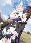  2girls absurdres apron bangs between_legs black_ribbon blue_eyes blue_hair blurry blurry_background blush breast_grab breasts character_request cleavage clenched_teeth commentary_request cowboy_shot detached_sleeves dress frills grabbing grabbing_from_behind groping hair_ornament hair_over_one_eye hair_ribbon hand_between_legs highres imminent_fingering juliet_sleeves long_sleeves maid maid_dress maid_headdress medium_breasts multiple_girls neck_ribbon outdoors pink_ribbon puffy_sleeves re:zero_kara_hajimeru_isekai_seikatsu rem_(re:zero) ribbon ribbon-trimmed_clothes ribbon-trimmed_legwear ribbon-trimmed_sleeves ribbon_trim roswaal_mansion_maid_uniform short_hair sirokohi smile solo_focus teeth thighhighs white_apron white_legwear x_hair_ornament 