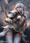  1girl antilous armor army ass_visible_through_thighs bangs black_leotard blurry blurry_background breasts center_opening chess_piece commentary_request cowboy_shot elf faceless faceless_male faulds flag gauntlets green_eyes leotard lips long_hair looking_away looking_to_the_side medium_breasts medium_hair original pauldrons pointy_ears shoulder_armor silver_hair solo_focus sword sword_behind_back thigh_gap thighhighs weapon white_hair white_legwear 