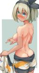  1girl ass bea_(pokemon) bike_shorts black_hairband blue_eyes blush breasts butt_crack closed_mouth clothes_removed commentary_request from_behind hairband looking_to_the_side medium_breasts nipples one-piece_tan pokemon pokemon_(game) pokemon_swsh rg_(rglee) short_hair sideboob solo sportswear tan tanline topless undressing white_hair 