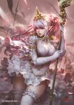  1girl antilous armlet armor army artist_name bangs blurry blurry_background braid breasts cape chess_piece commentary_request cowboy_shot dress elbow_gloves elf faceless faceless_male fantasy flag floating_hair garters gloves half_updo headgear holding holding_staff large_breasts lips long_hair original parted_lips pink_hair pointy_ears red_eyes red_lips short_dress shoulder_armor silver_hair sky solo_focus spaulders staff thighhighs white_dress white_gloves white_legwear zettai_ryouiki 