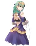  1girl absurdres artist_name byleth_(fire_emblem) byleth_(fire_emblem)_(female) cosplay dress fire_emblem fire_emblem:_three_houses from_behind green_eyes green_hair highres looking_back parted_lips rainpoow ribbon_braid simple_background solo sothis_(fire_emblem) sothis_(fire_emblem)_(cosplay) white_background 