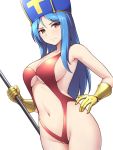  1girl bangs bare_arms bare_hips bare_shoulders blue_hair blue_headwear blush breasts casual_one-piece_swimsuit center_opening cleavage closed_mouth commentary_request cowboy_shot dragon_quest dragon_quest_iii gauntlets groin holding holding_staff large_breasts long_hair navel one-piece_swimsuit parted_bangs pataniito priest_(dq3) red_eyes red_swimsuit simple_background solo staff stomach straight_hair swimsuit underboob v-shaped_eyebrows white_background 
